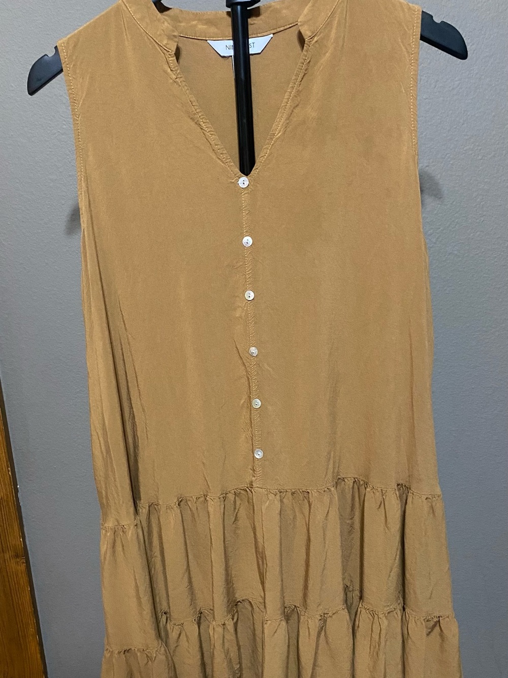 Nine West Womens Large Gold Button Front Tiered Sleeveless Dress Boho